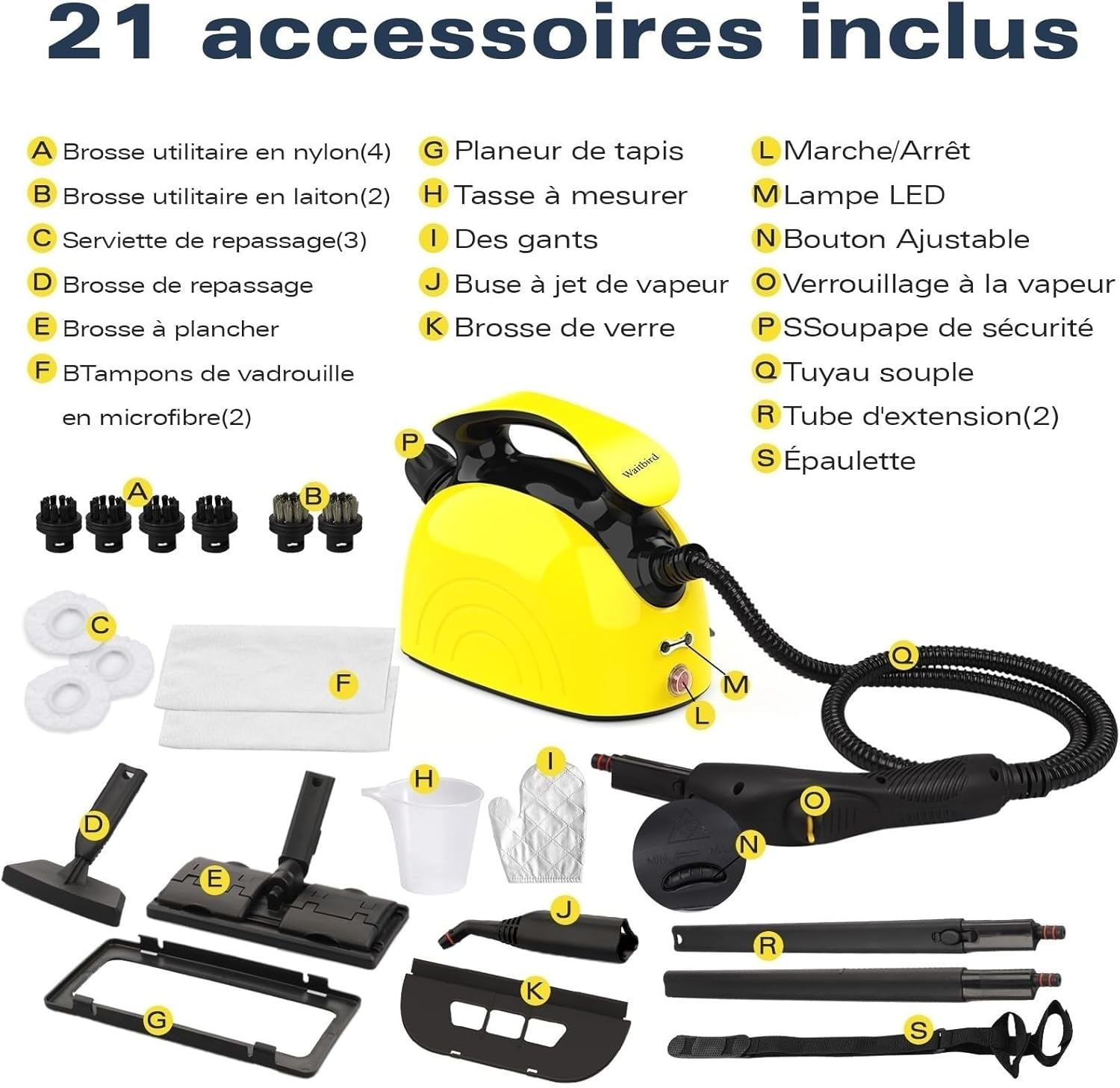 Waitbird - Nettoyeur vapeur 21 accessoires, 248°F, sols & canapés