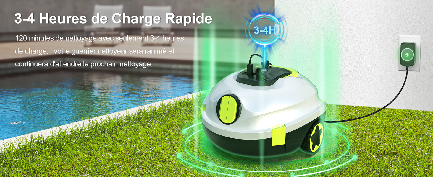 Le texte indique « 3-4 Heures de Charge Rapide ». Nettoyeur de piscine robotique blanc et jaune sur l'herbe près de la piscine. L'appareil est doté de roues doubles et d'un mécanisme à brosse pour le nettoyage automatique de la piscine.