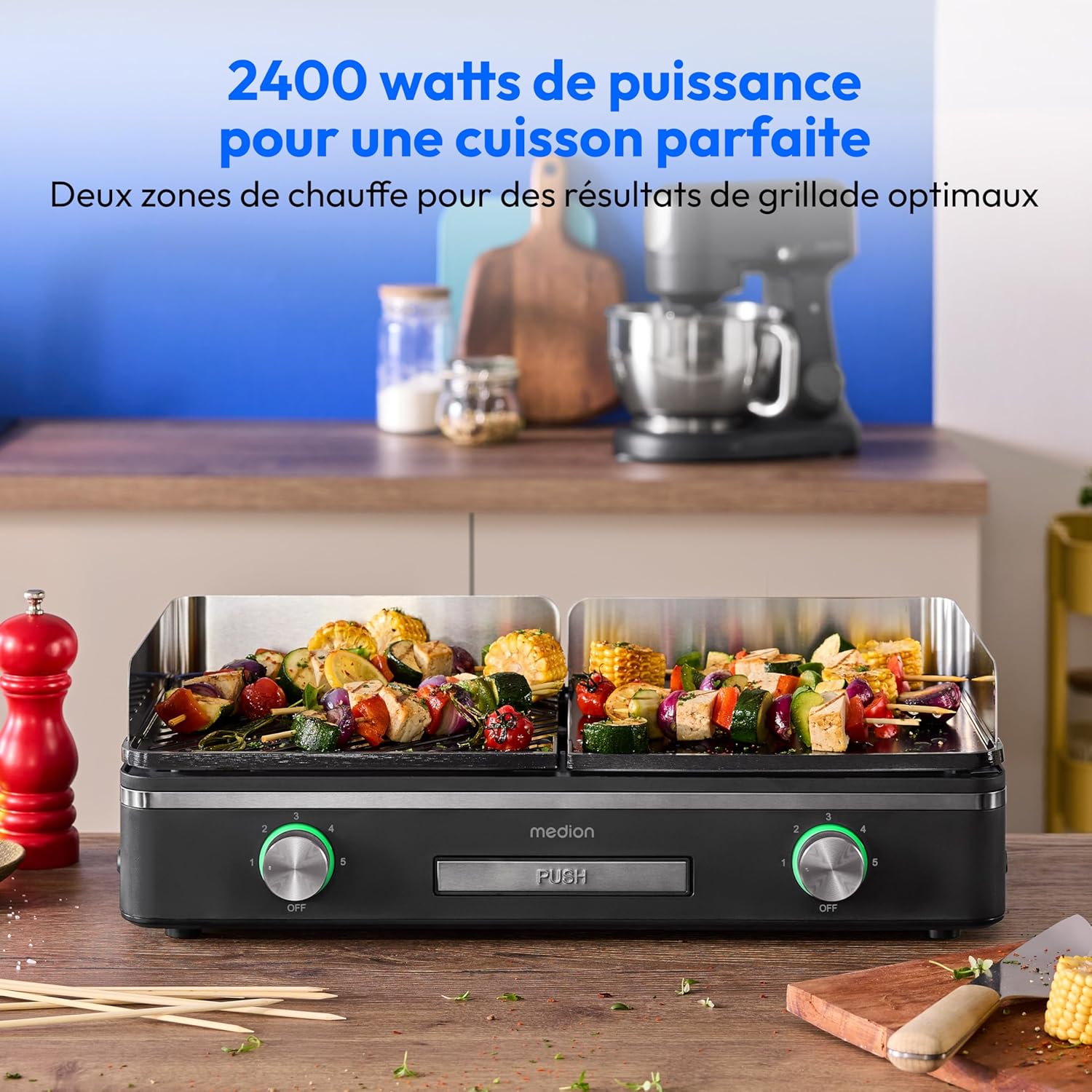 Medion - gril de table double zone - 2 plaques amovibles, 2400W, IPX4, MD12027