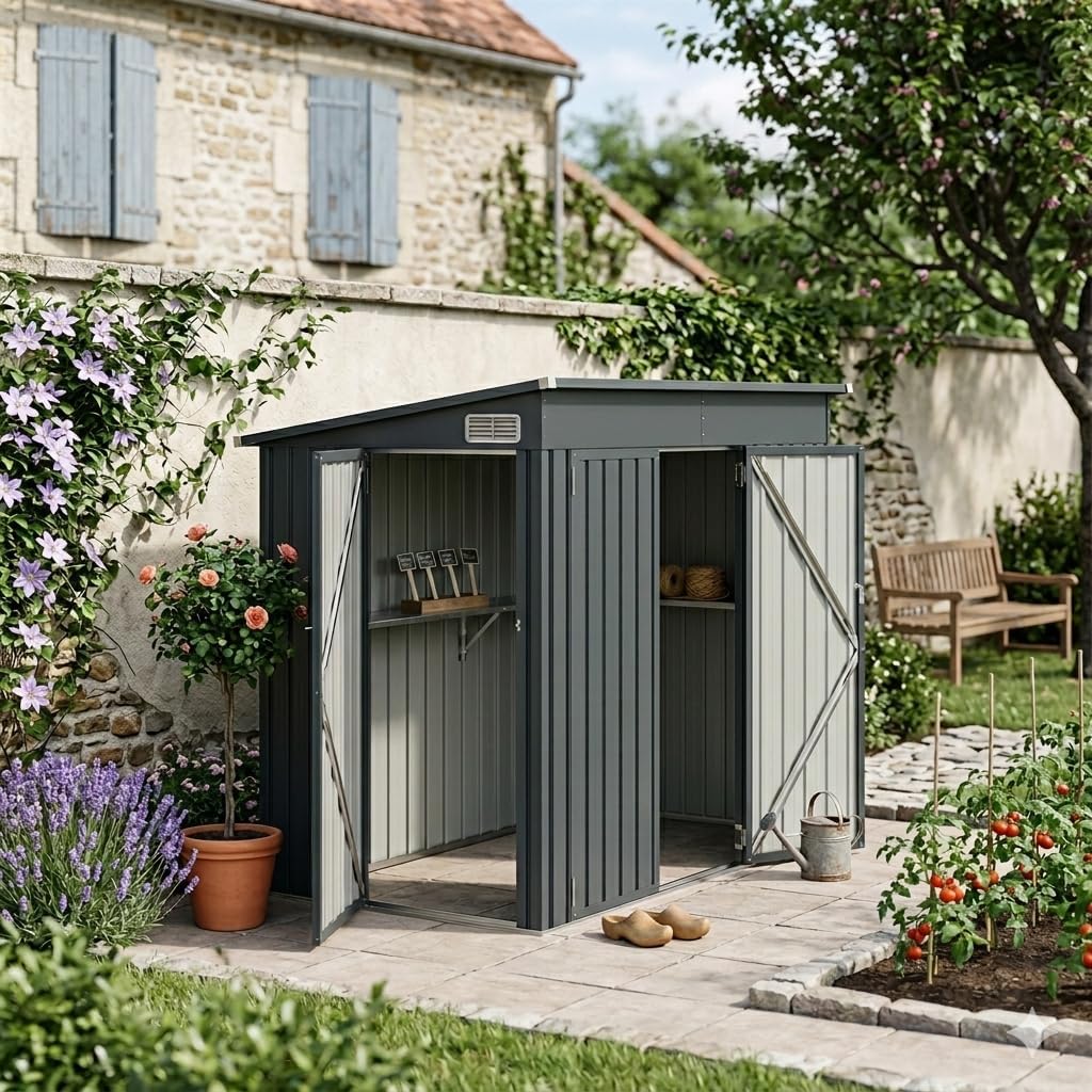 GOPLUS - abri de jardin métal - 238x119x187cm - porte, aérations, toit pente, gris