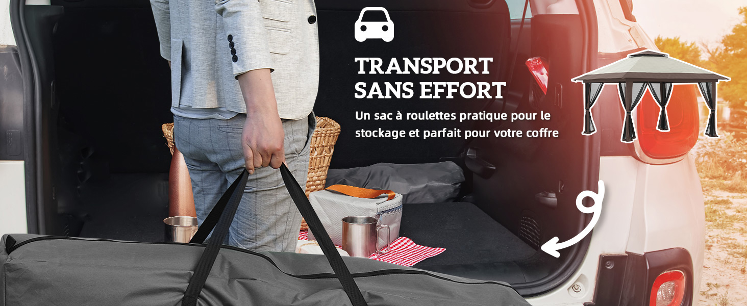 avec trappe ouverte, mettant en valeur un espace de rangement. Superposition de texte en français sur le transport sans effort