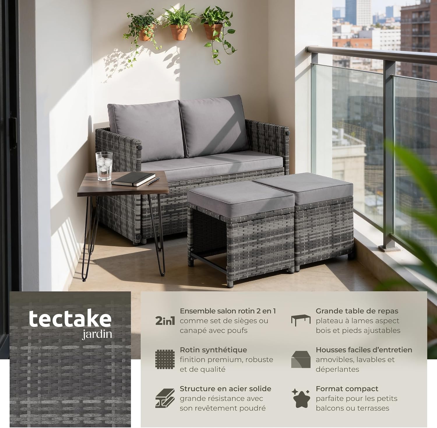 tectake - Salon de jardin 2en1 modulable 4 places - encastrable