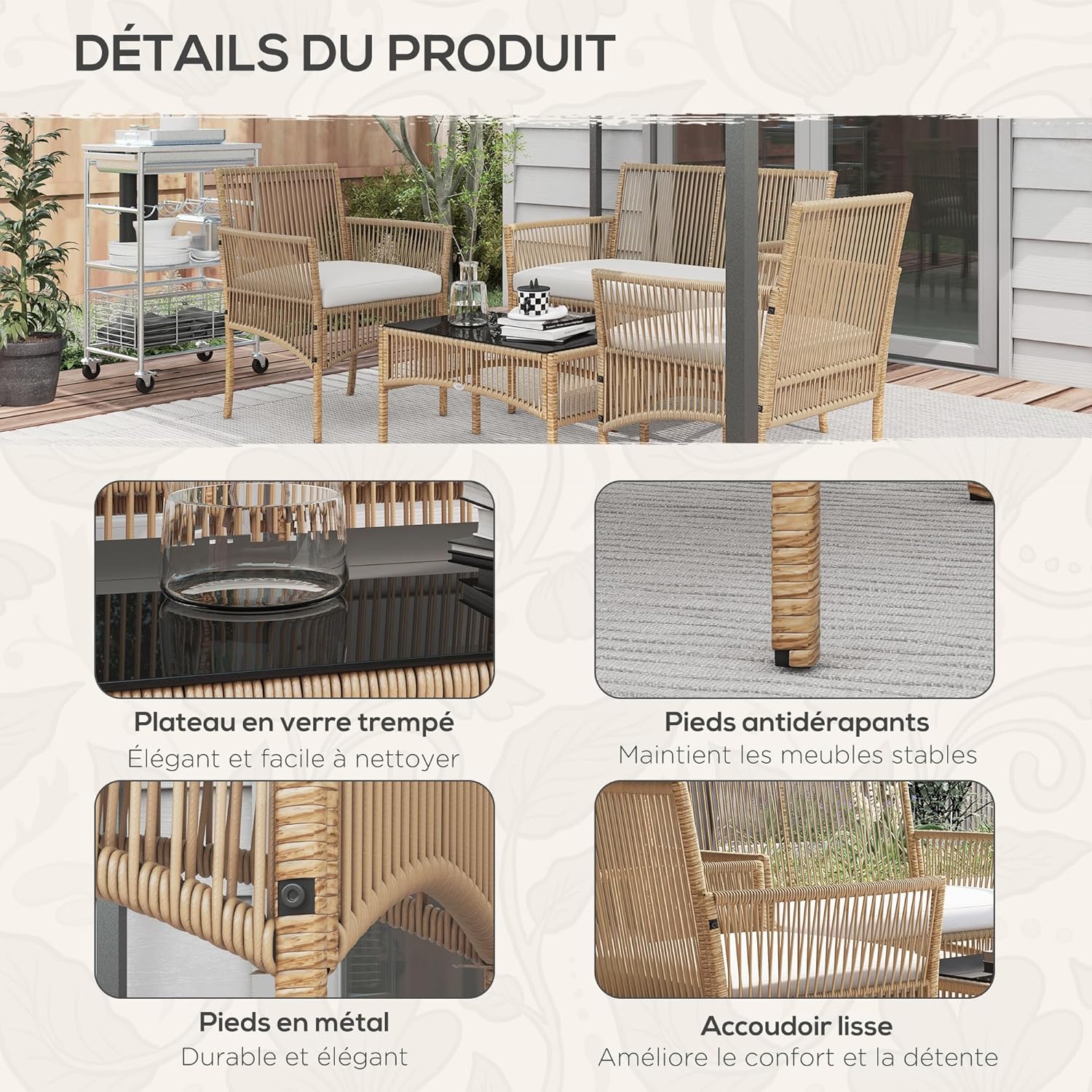 Outsunny - Salon de jardin 4p - métal/résine, coussins beige, table verre
