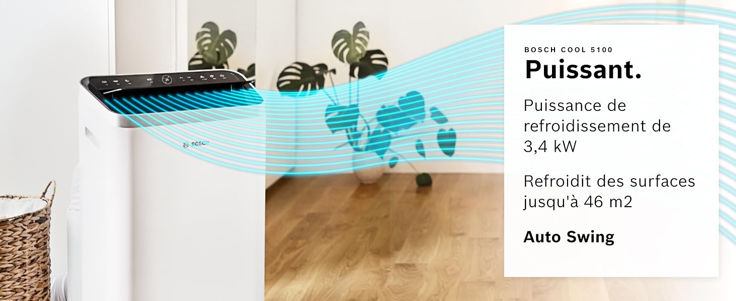 Le texte indique « Puissant. » et « 3,4 kW » et « Refroidit des surfaces » et « Aefis Swing ». Panneaux marketing présentant les spécifications techniques des unités de climatisation ou des appareils de refroidissement.