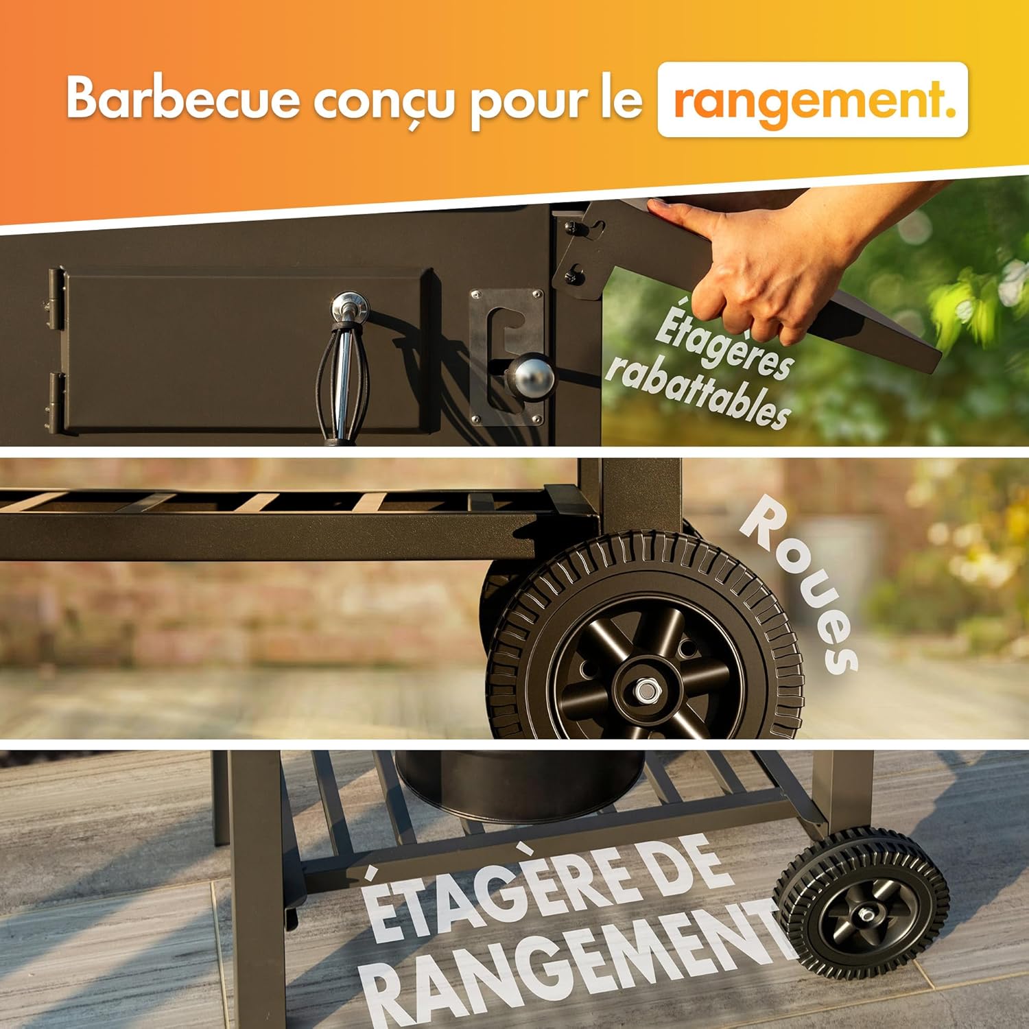 VonHaus - Barbecue charbon portable - hauteur réglable, grilles, roulettes, tables latérales, étagère - 78x40x90 cm