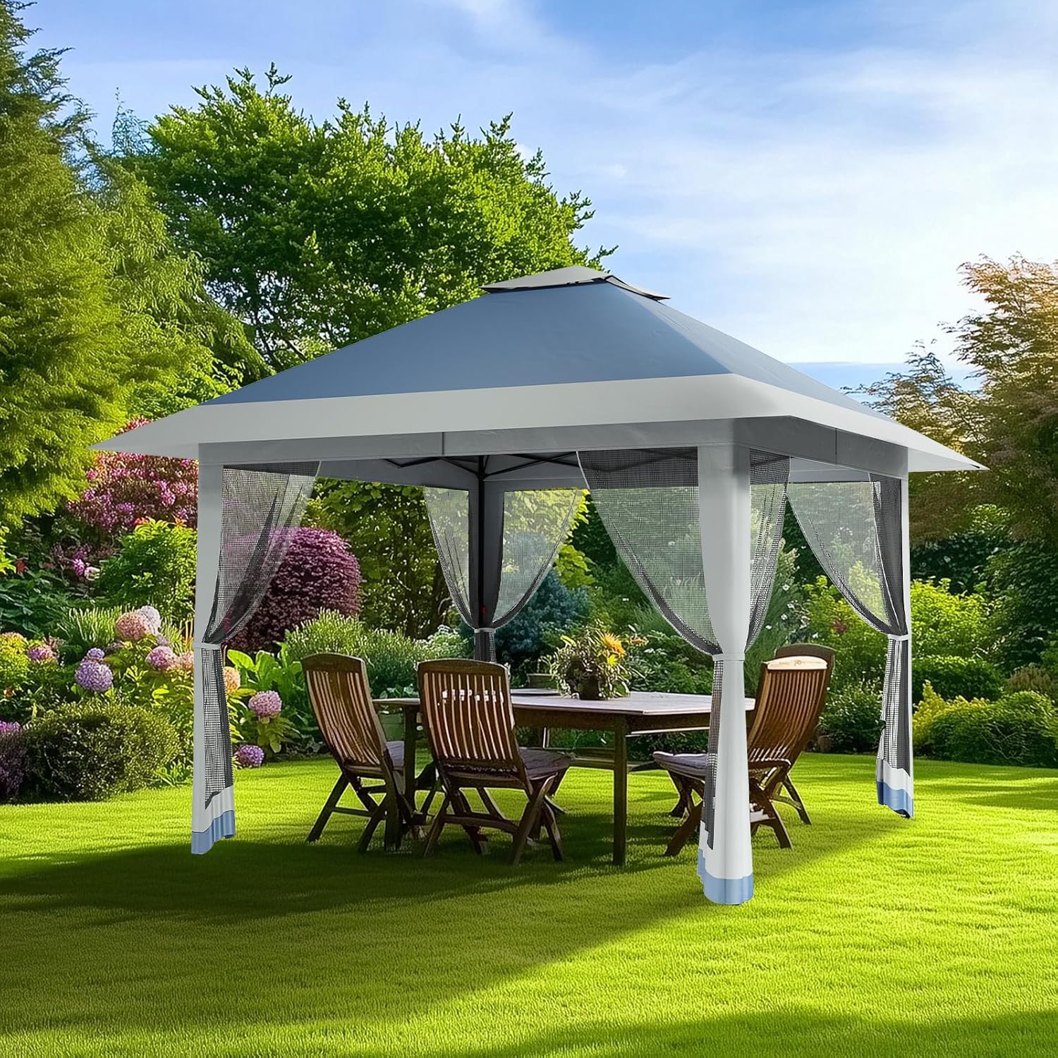 Garvee - Tonnelle pop-up série jardin - 3,96x3,96m - toit double imperméable, moustiquaire, hauteur réglable