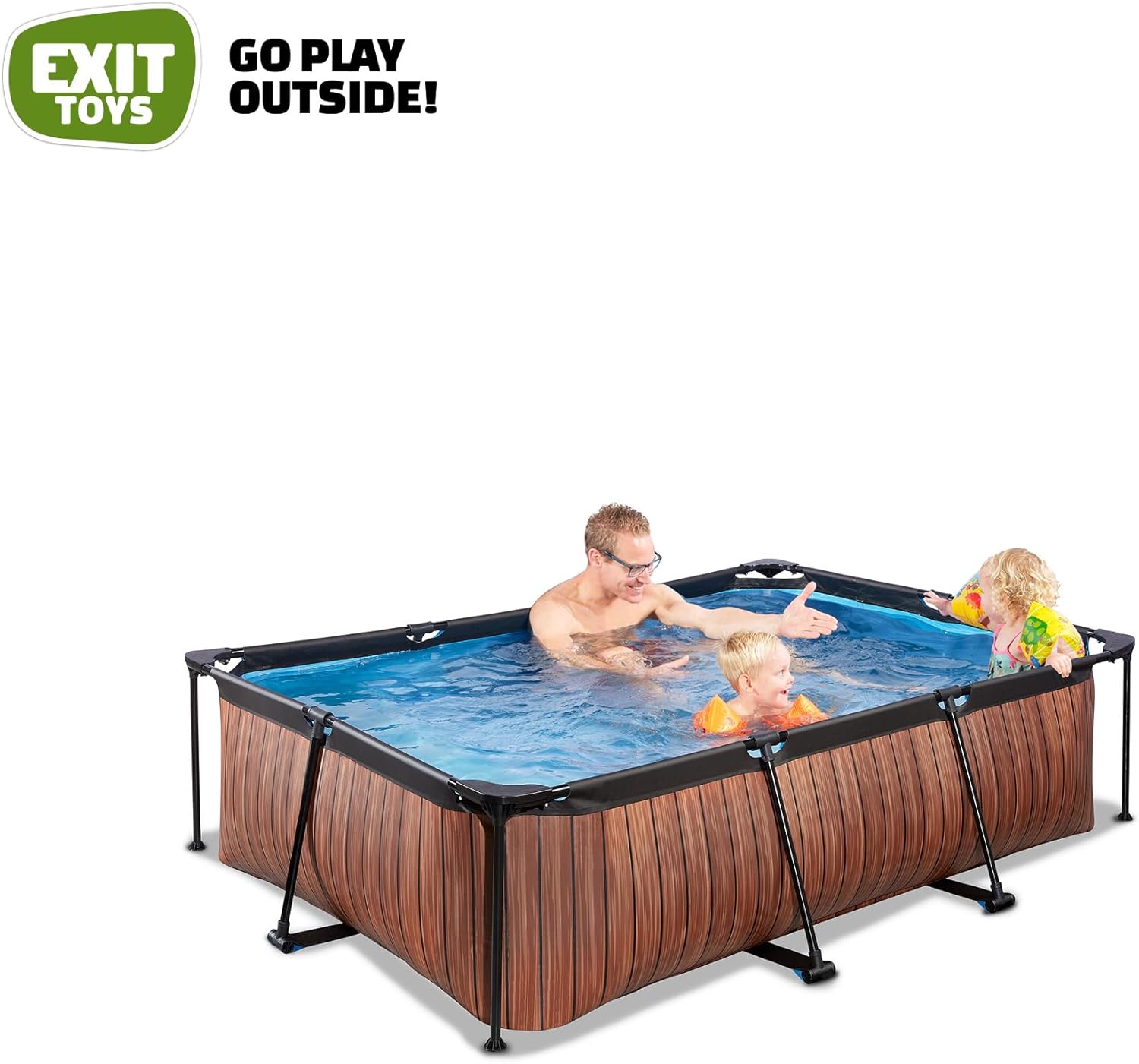 EXIT Toys Piscine en Bois - 220 x 150 x 65 cm - Rectangulaire et compacte - avec Pompe à Filtre à Cartouche - Facile d'accès - Convient pour Les Tout-Petits - Cadre Solide - Design Unique - Marron