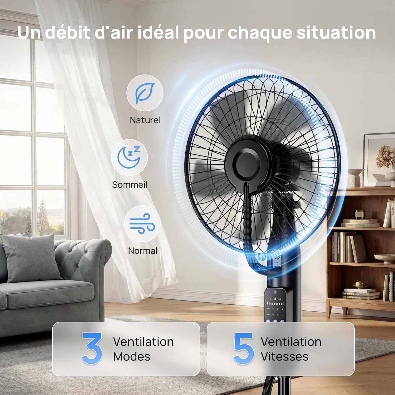 NebulaFlow - Ventilateur Brumisateur Amélioré - réservoir 4L, oscillant, 5 vitesses, minuterie, télécommande, 7,5h