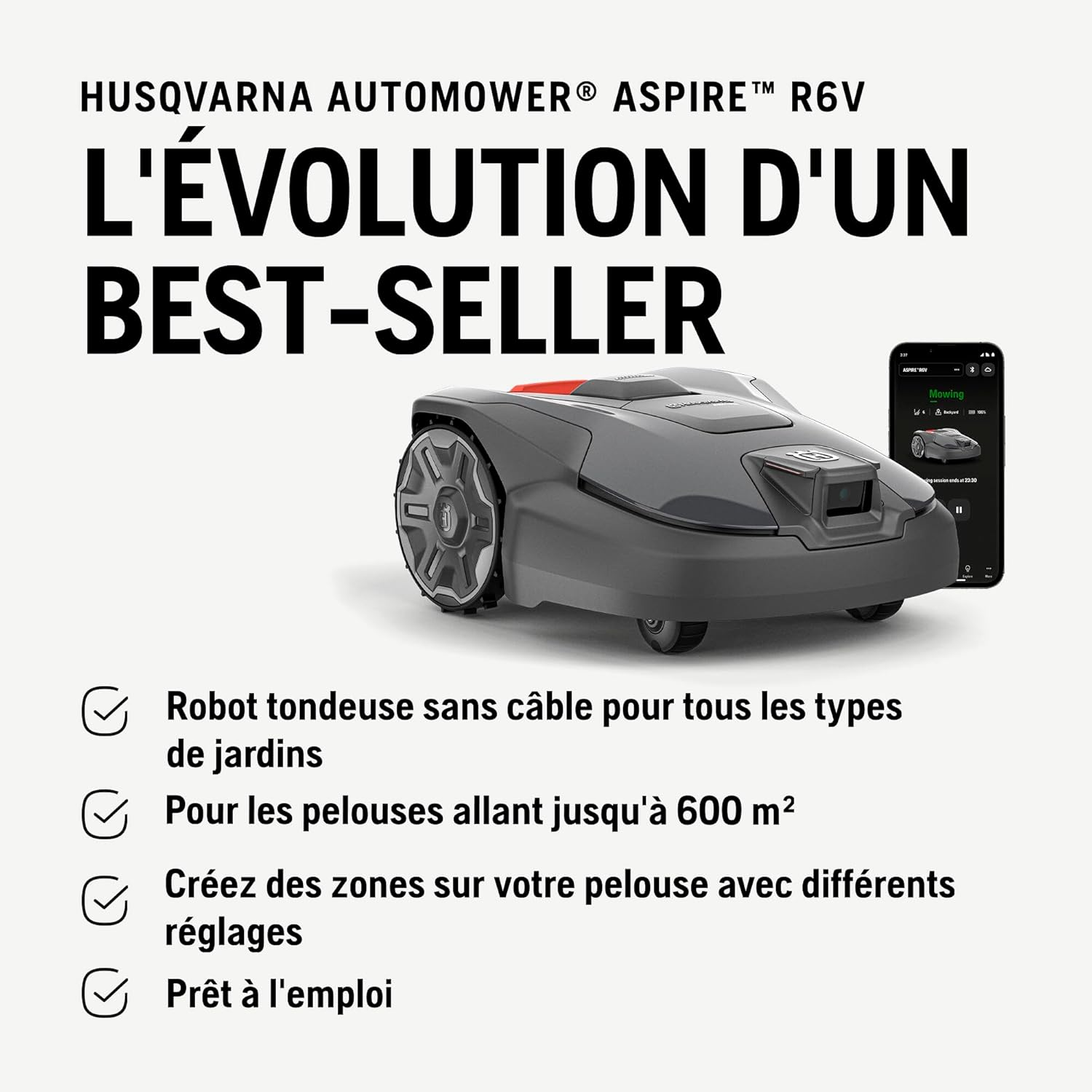 Husqvarna - Automower Aspire R6V - jusqu'à 600m² - IA Vision, GPS, WiFi, tonte sans fil périphérique, Zones virtuelles, 
