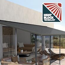 Terrasse extérieure avec chaises longues et auvent rétractable. Le logo « Heat Block Technology » dans le coin suggère une fonction de protection solaire