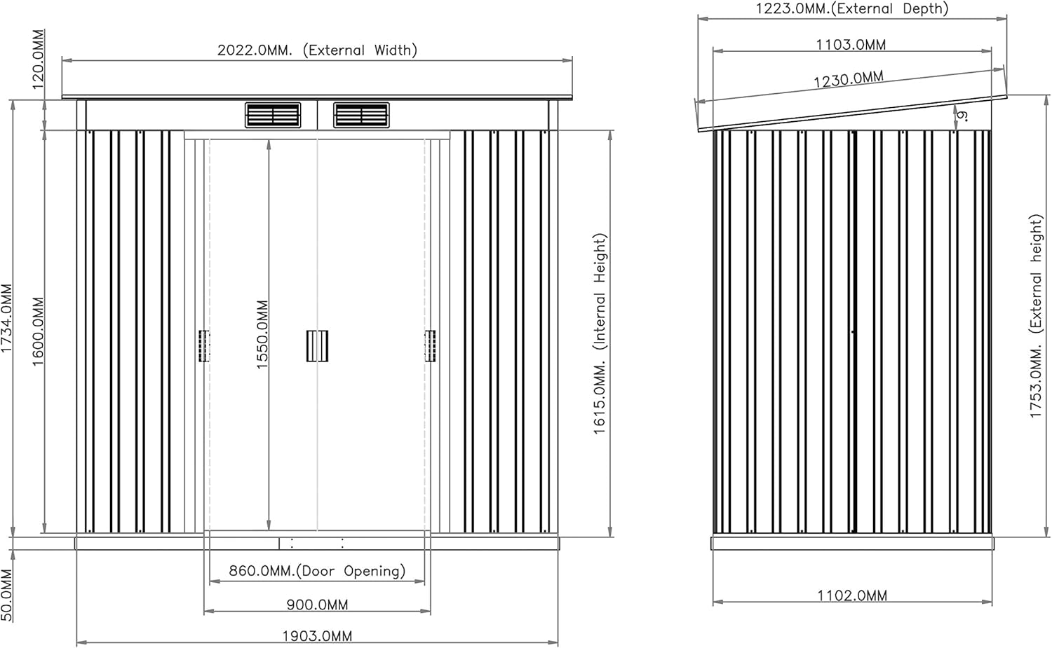 Duramax ECO 6 x 4 (2.17 m²) abri de jardin en métal à toit pentu, Abri de jardin en métal galvanisé à chaud, Abri de stockage d'outils, structure de toit renforcée, vert