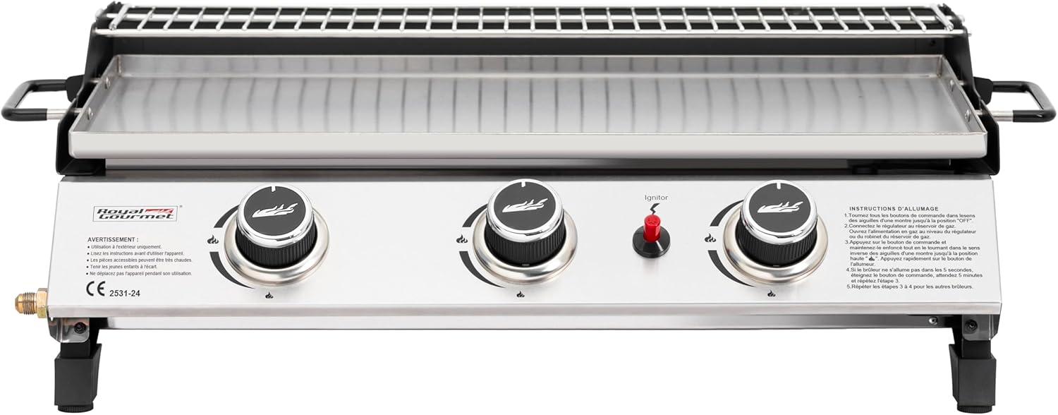Royal Gourmet - Plancha gaz inox 3 brûleurs 61,5x32cm, 7,5kW, usage extérieur