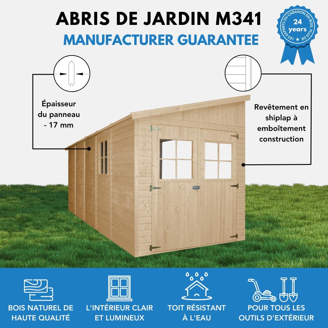 Timbela - Abri de jardin bois avec fenêtres, plancher, 10 m², H244x216x513 cm - M341+M341G