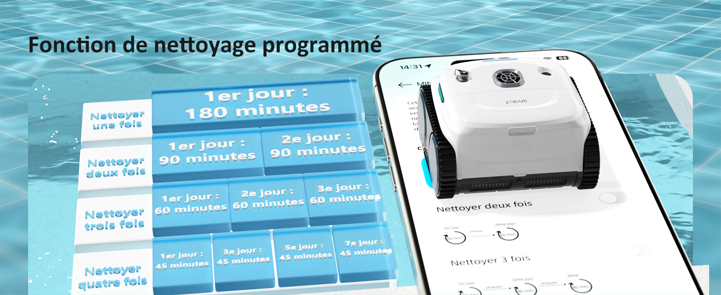 avec interface de planification affichée sur smartphone. Le graphique affiche le programme de nettoyage avec des allocations de temps pour les différentes zones de la piscine sur plusieurs jours.