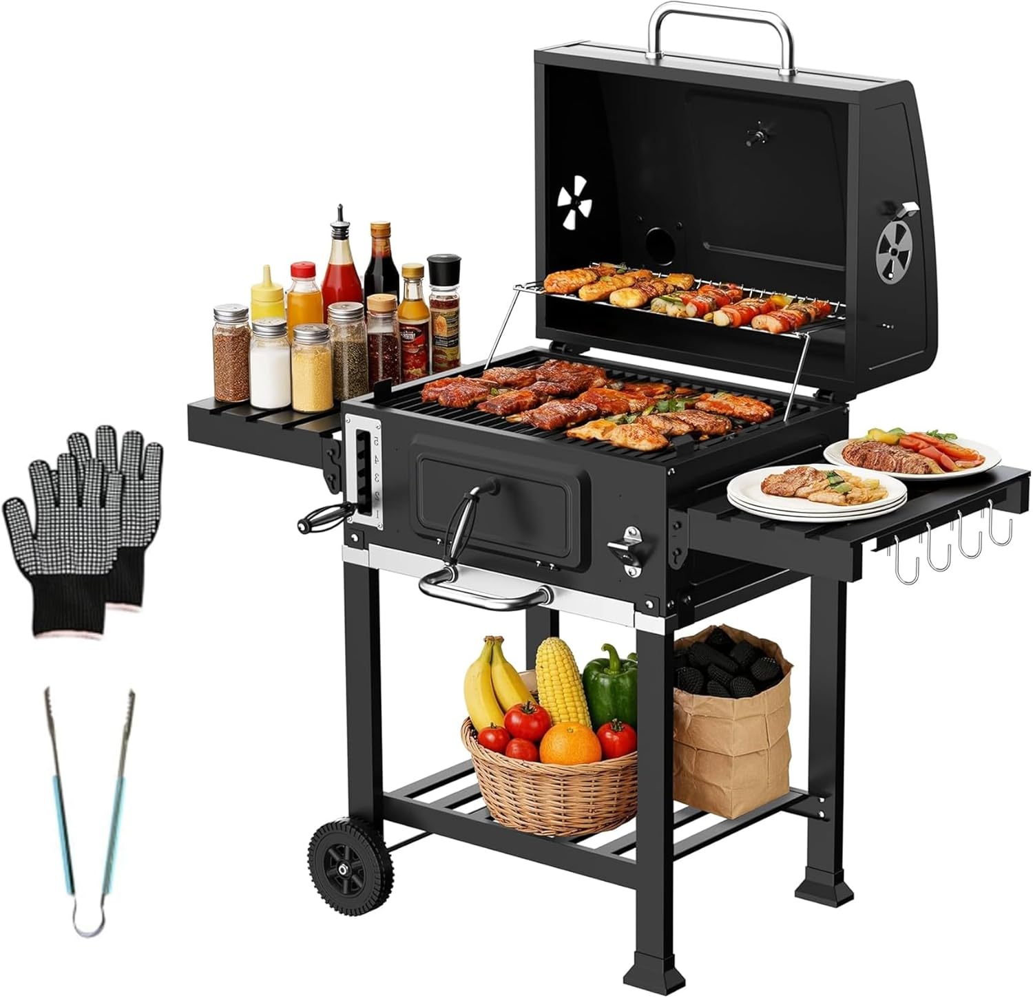 Teeno - Barbecue XXL charbon, thermomètre, fumage, grille chauffante