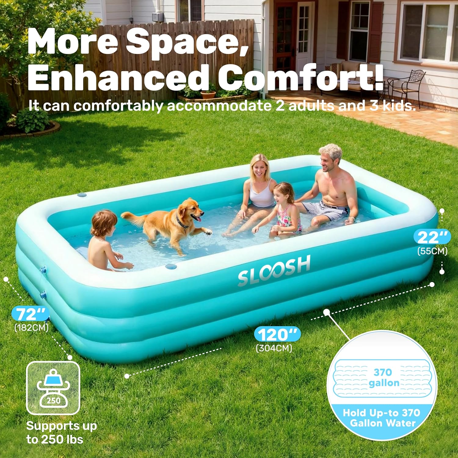 SLOOSH - piscine gonflable familiale avec sièges - 304x183x56 cm - épaisse et durable