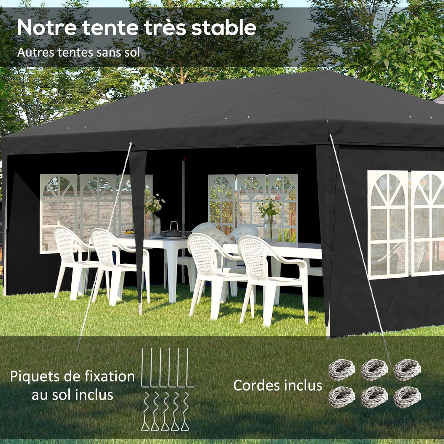 Outsunny - Tonnelle pliante pop-up 3x6m - 3 côtés amovibles, sac de transport, piquets, noir