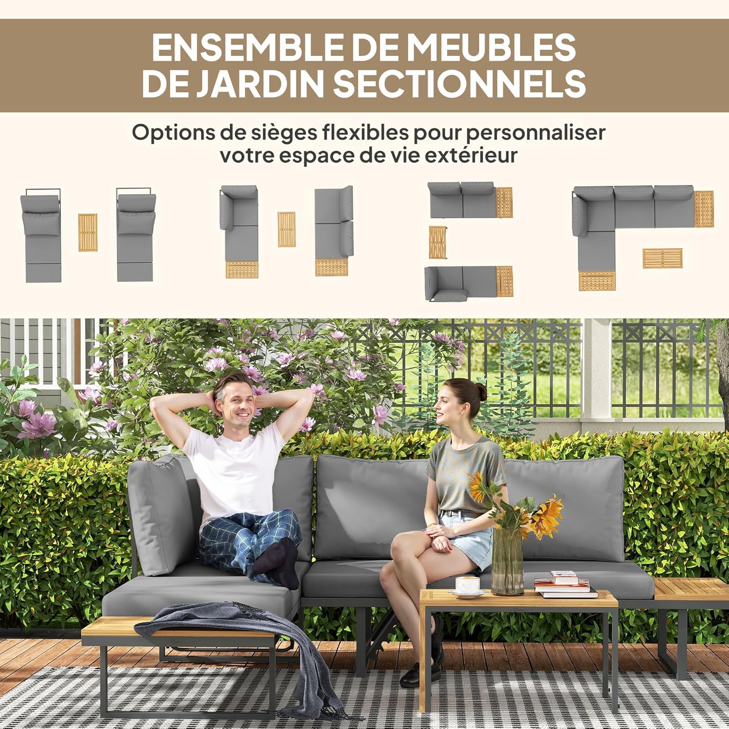 Outsunny - salon de jardin bois acacia 6 places modulable - coussins, dossier ajustable, gris