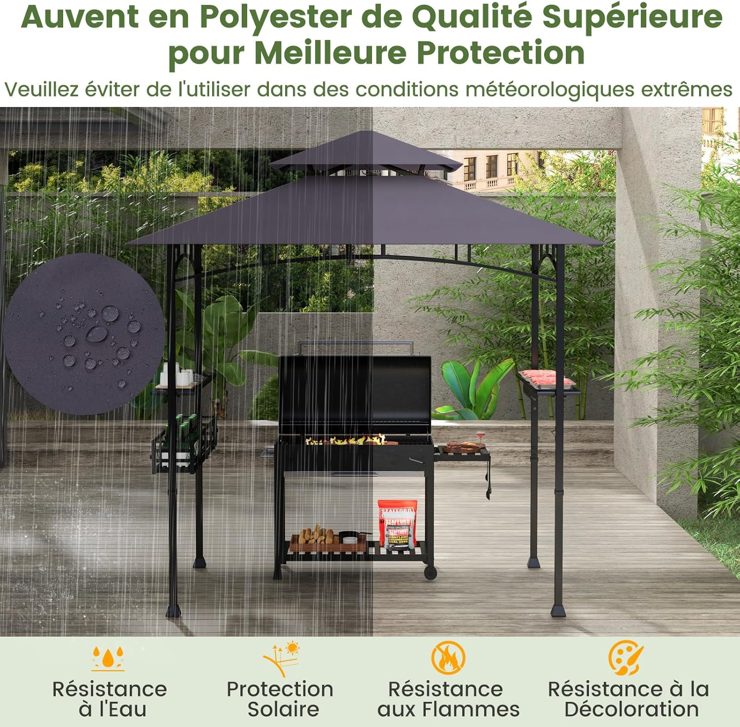 GOPLUS Tonnelle pour Barbecue, Abri Barbecue Extérieur avec Dessus à 2 Niveaux, Crochets, Décapsuleur, Abri pour Barbecue à Dessus Souple, pour Jardin, Cour(242x153x250CM|Gris Foncé)