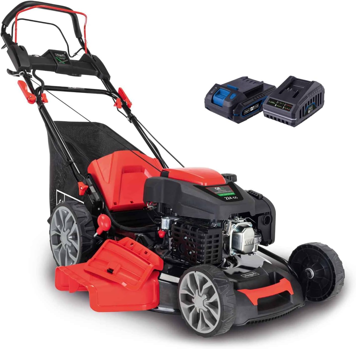 Scheppach Tondeuse à Gazon Hybride MS225-56E – Tondeuse à Essence – Moteur à Essence 4 Temps de 6 CV / 4,4 KW – 224 cm³ – Largeur de Coupe 56 cm – Démarrage électrique – Batterie + Chargeur Inclus