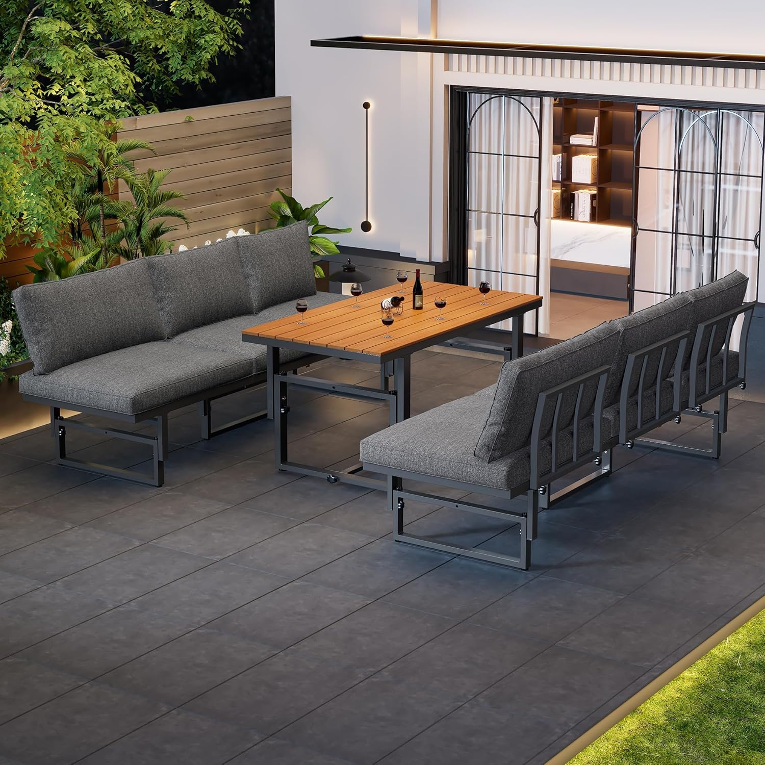 Sapgaks - Ensemble de jardin 6 places, fer, acacia, dossier réglable, table modulable, gris