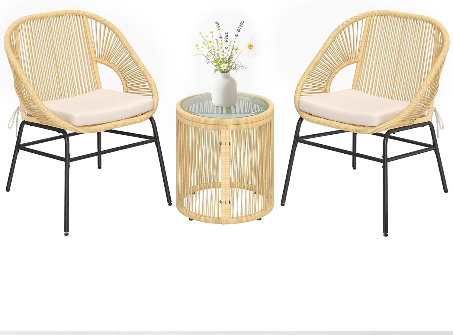 Outsunny - ensemble bistro 3 pcs - fauteuils confort, table verre - coussins déhoussables, résine tressée, beige