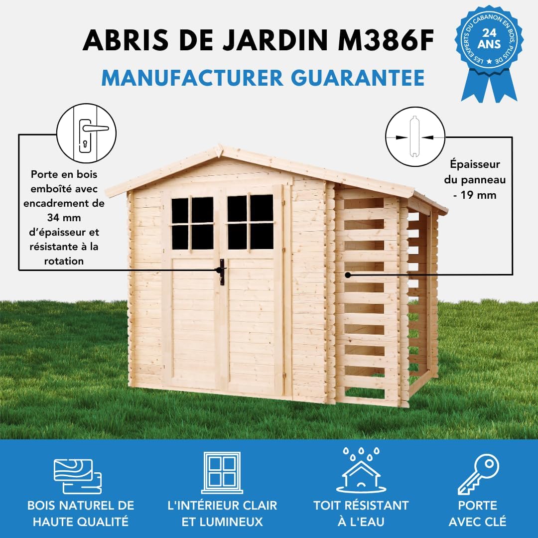 TIMBELA - M386F - 206x272x218 cm - Abri bois, porte verrouillable, range bûches, I206xL272xH218