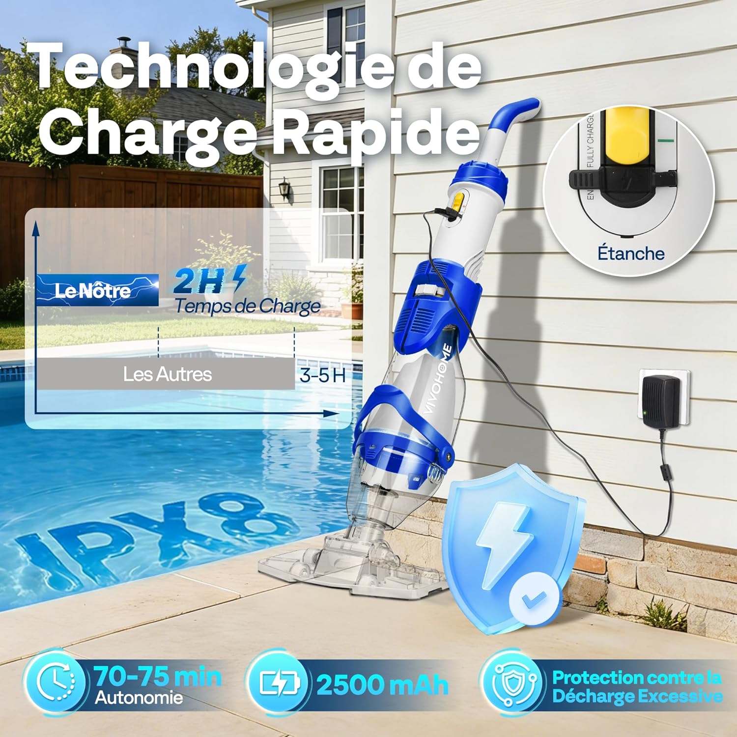 VIVOHOME - Aspirateur piscine sans fil - 250 cm - 4300 LPH, 2,6L, 75 min, 4 sacs filtres