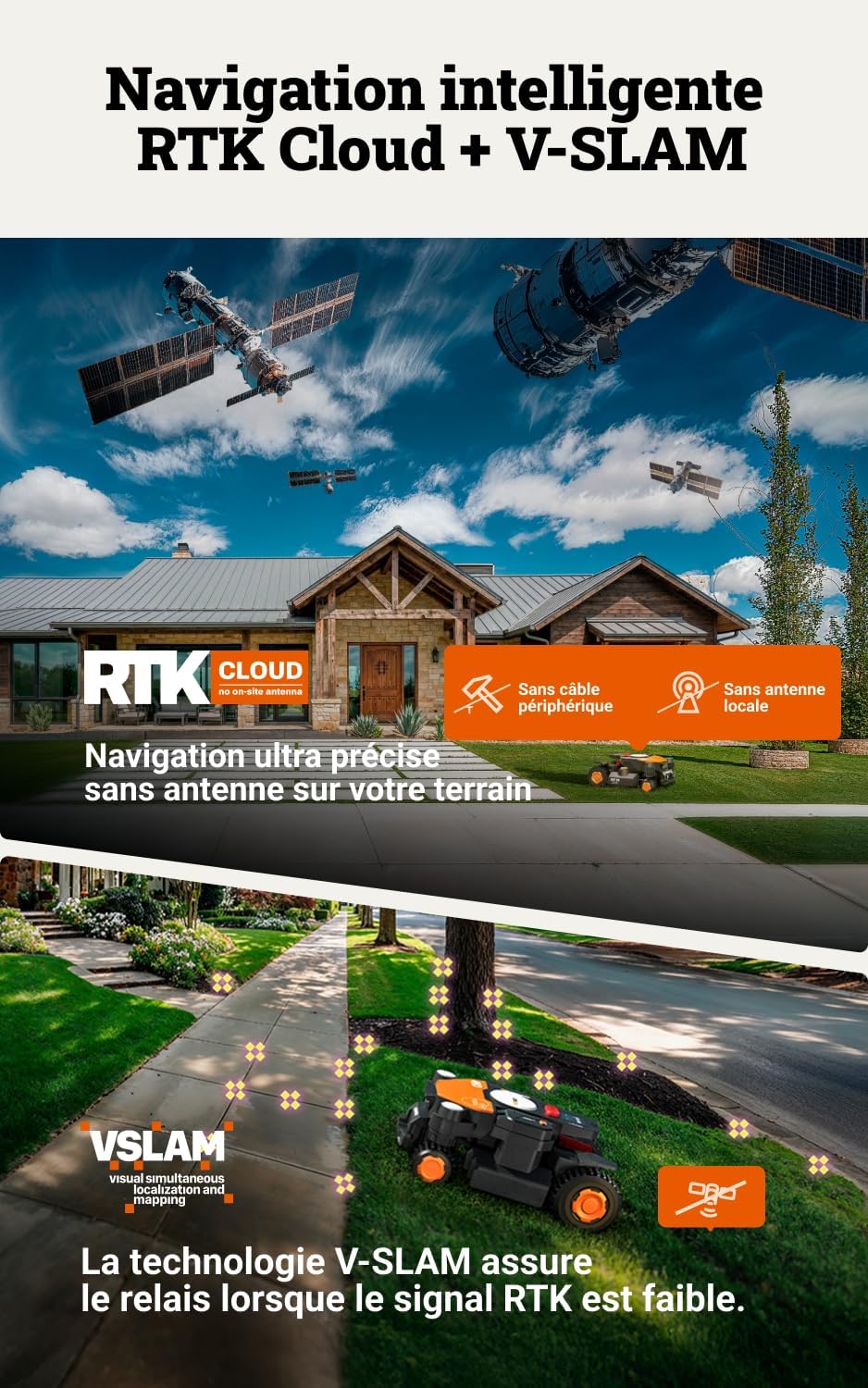 WORX - Vision Cloud 4WD série - 2000 m² - tondeuse automatique IA, navigation VSLAM/RTK, contrôle app, WR342E