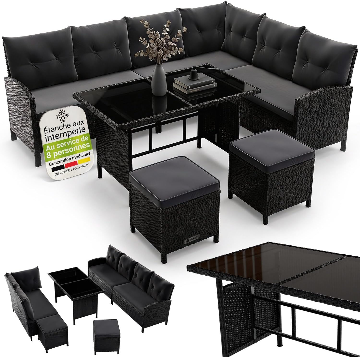 Juskys - Manacor Lounge 7 places, polyrotin noir, table, tabourets, coussins gris