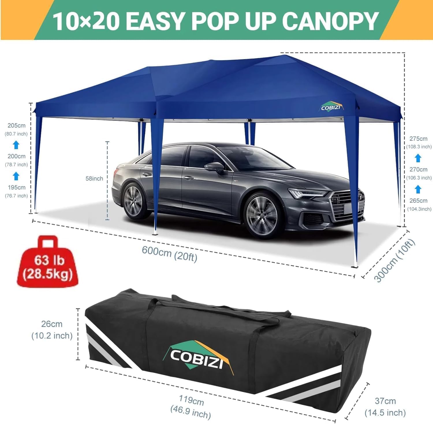 COBIZI - Tonnelle Pliante Série - 3x6m étanche, stable, anti-UV, 6 parois latérales