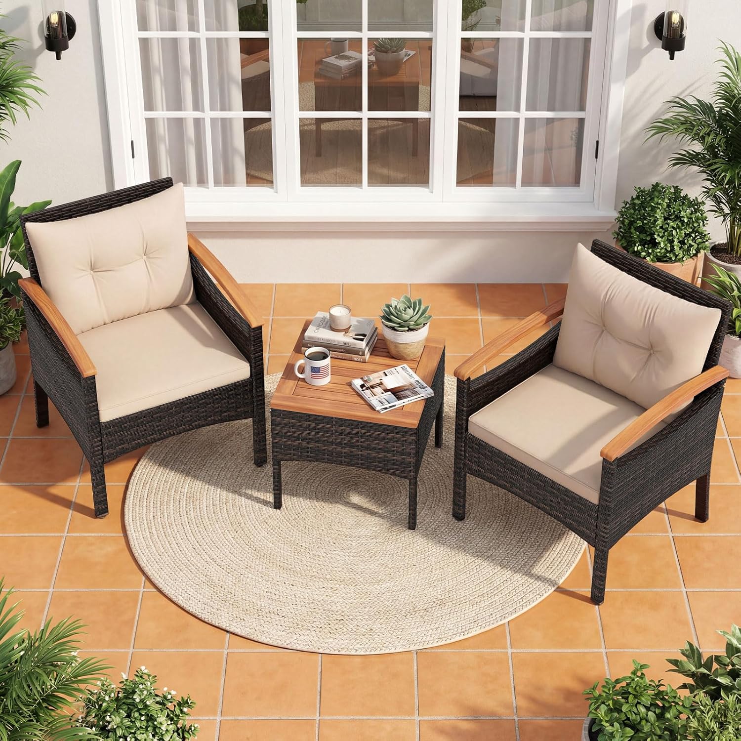 COSTWAY - Salon de Jardin 3 pcs - rotin PE, bois acacia, coussins amovibles, jaune terre