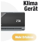 Le texte indique « Klima Gerät » et « Mehr Erfahren ». Affichage de l'unité de climatisation indiquant un réglage de température de 23° sur fond blanc.