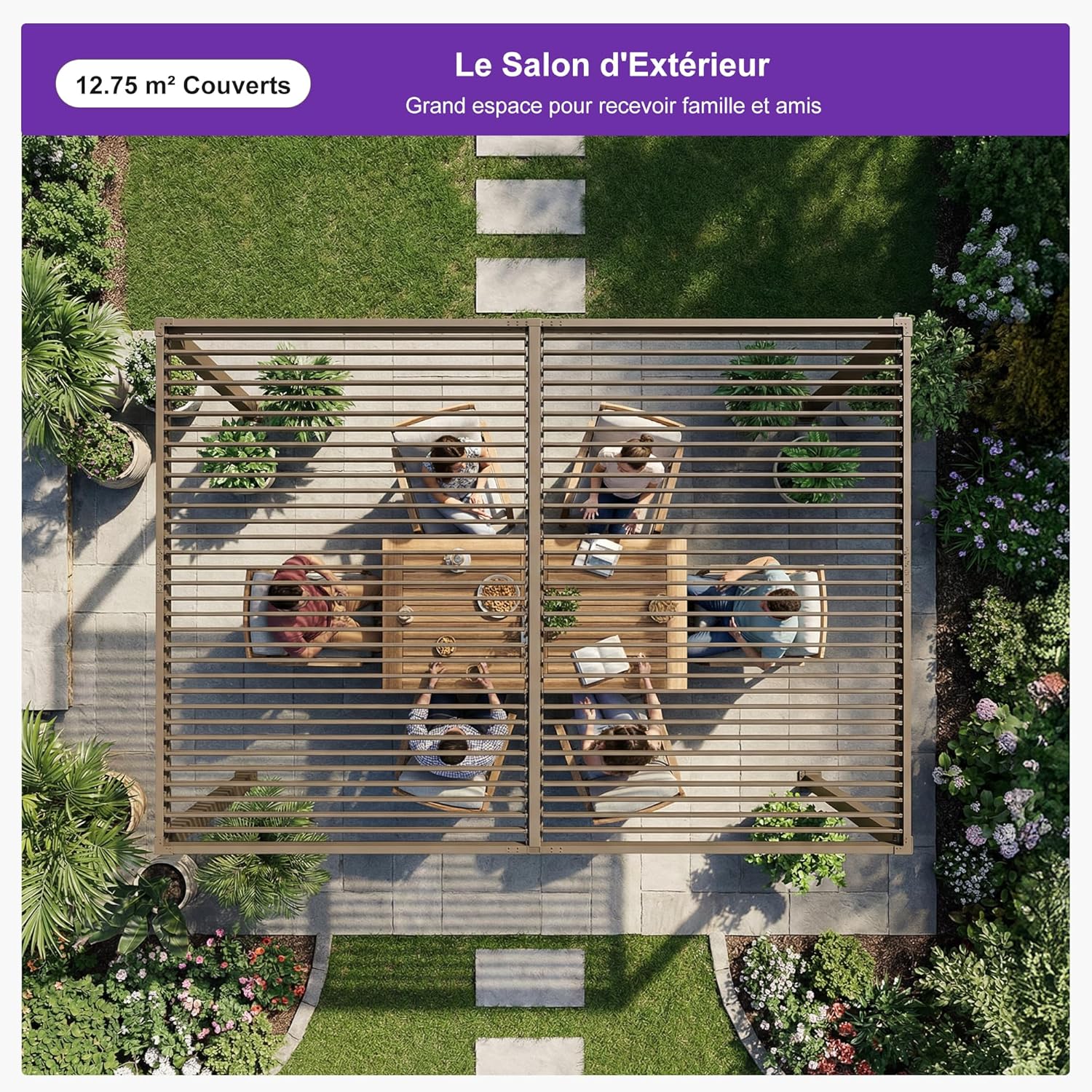 PURPLE LEAF - pergola bioclimatique LED - 3x4,25m - aluminium, lames orientables, anti-UV, sans entretien