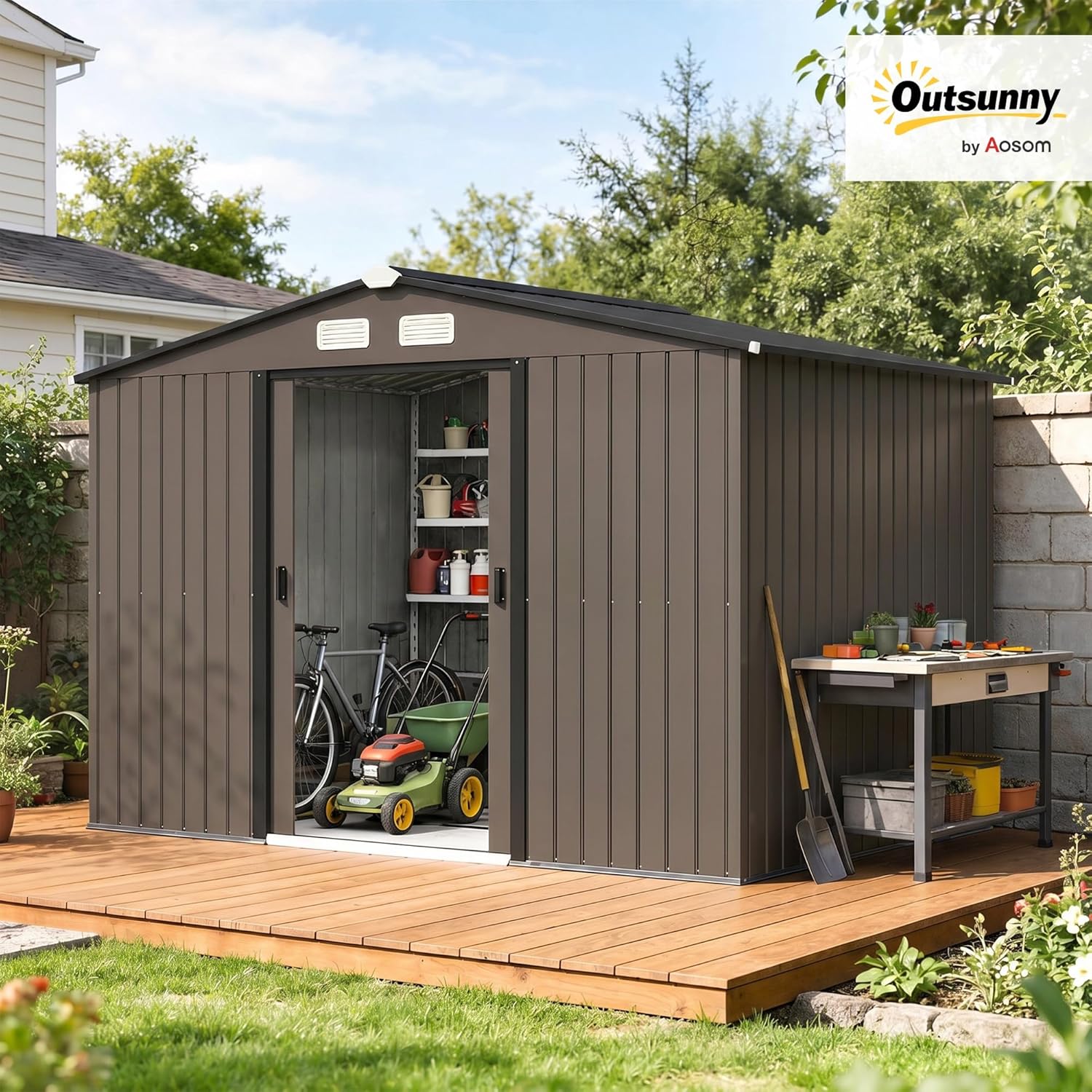 Outsunny - Abri de jardin en acier galvanisé XXL - 5,4 m² avec fondation, 277x195x192cm, portes coulissantes verrouillab
