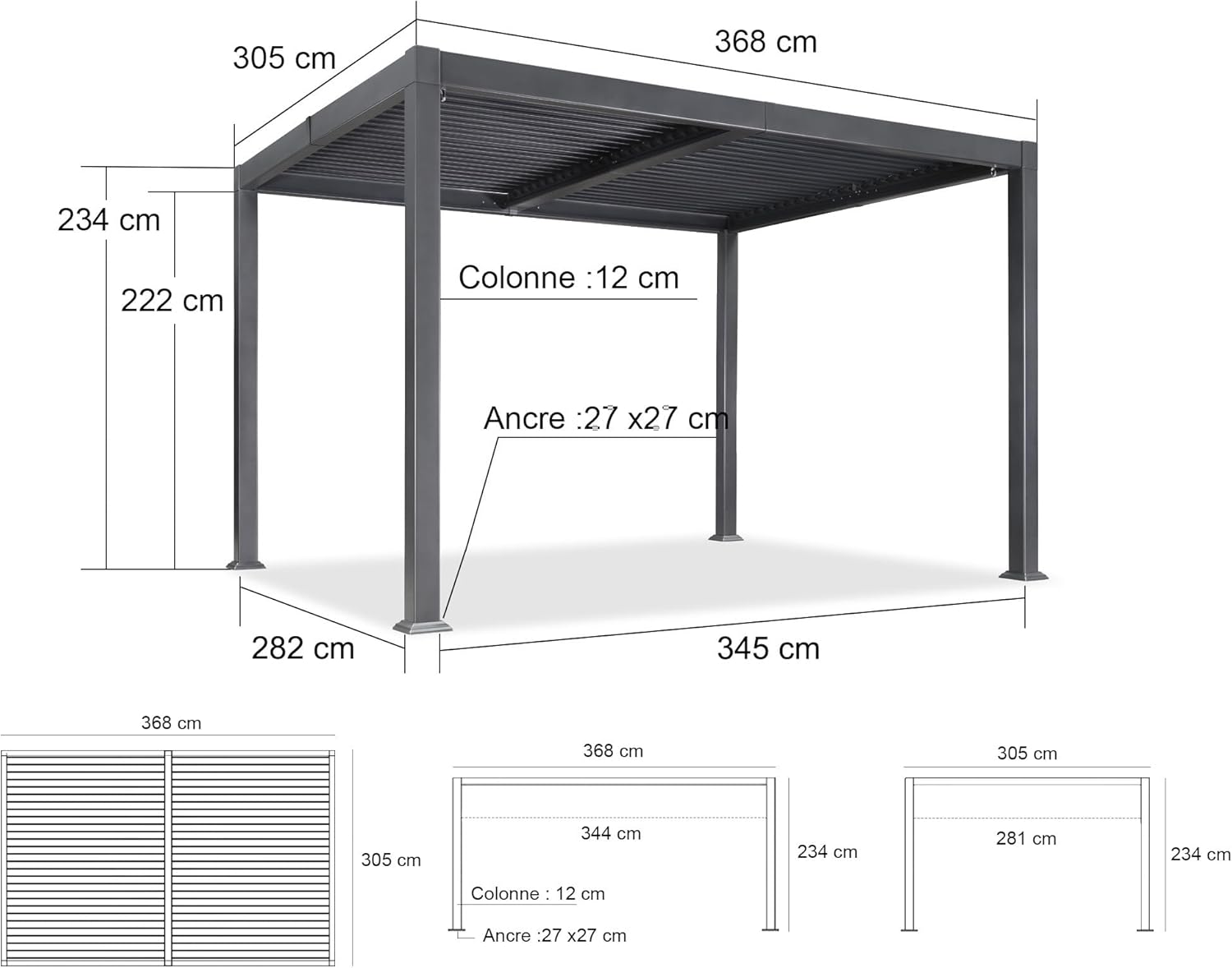 PURPLE LEAF - pergola bioclimatique - 3x3,65m - aluminium, lames orientables, gris