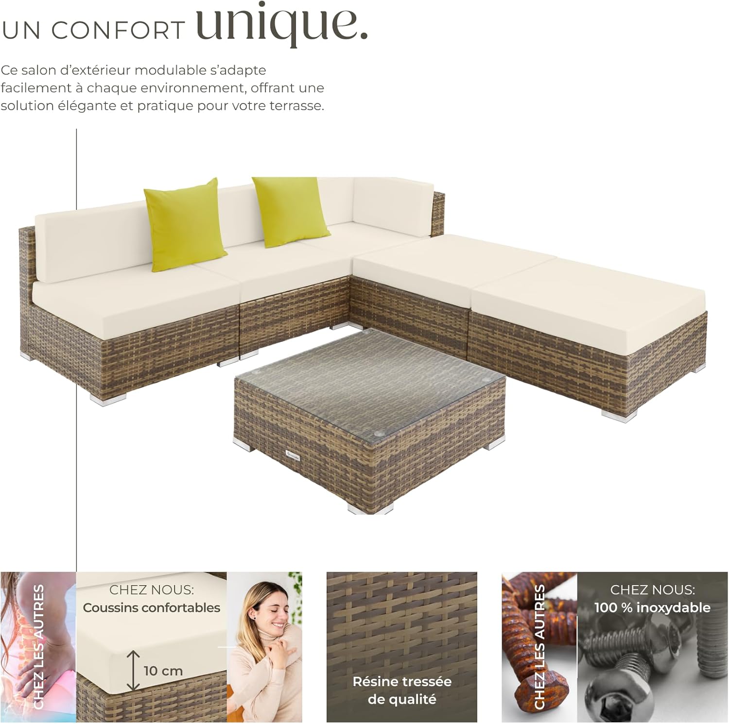 tectake - Salon jardin modulable XXL - 5 places, polyrotin, table, balcon terrasse