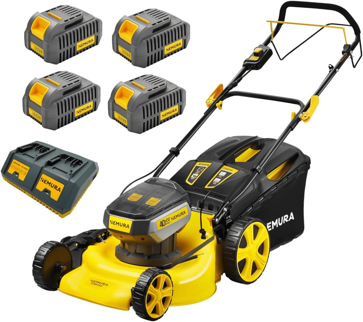 Nemura - Tondeuse autotractée 46cm 80V, 4 batteries 4Ah, mulching