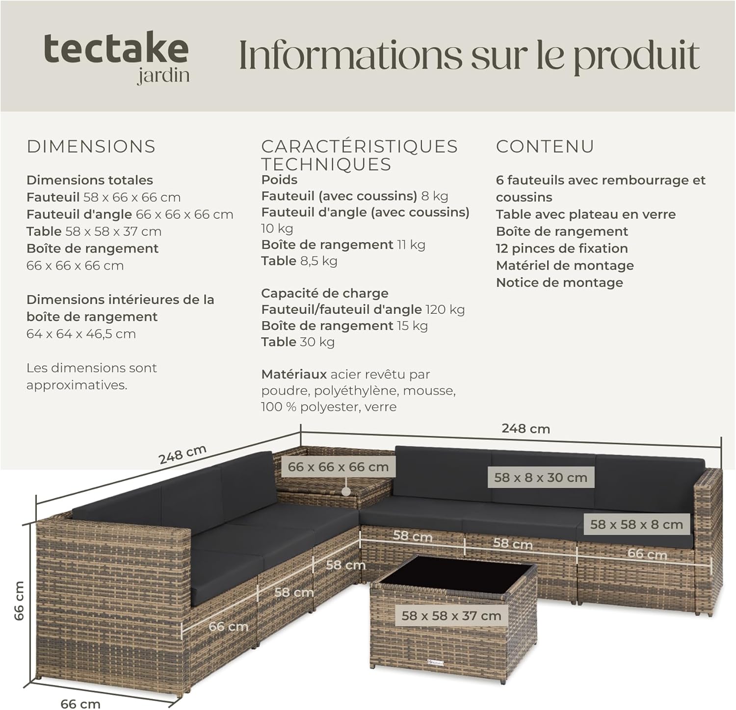 TecTake - salon de jardin modulable 6 places résine, coffre et table, brun - 200x130cm