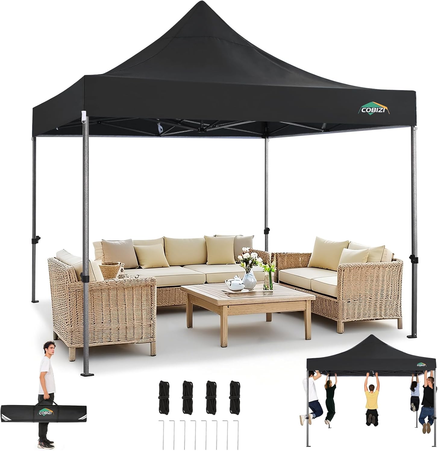 COBIZI - tente pliante série chapiteau - 3x3m - 3 hauteurs, sac, noir