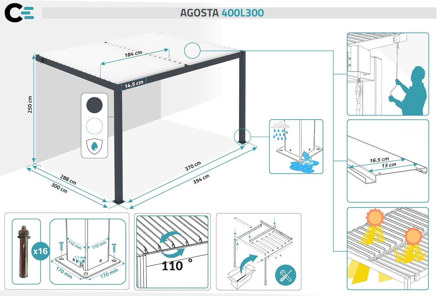 Cazeboo - pergola bioclimatique AGOSTA - 4x3m - aluminium gris, lames blanches