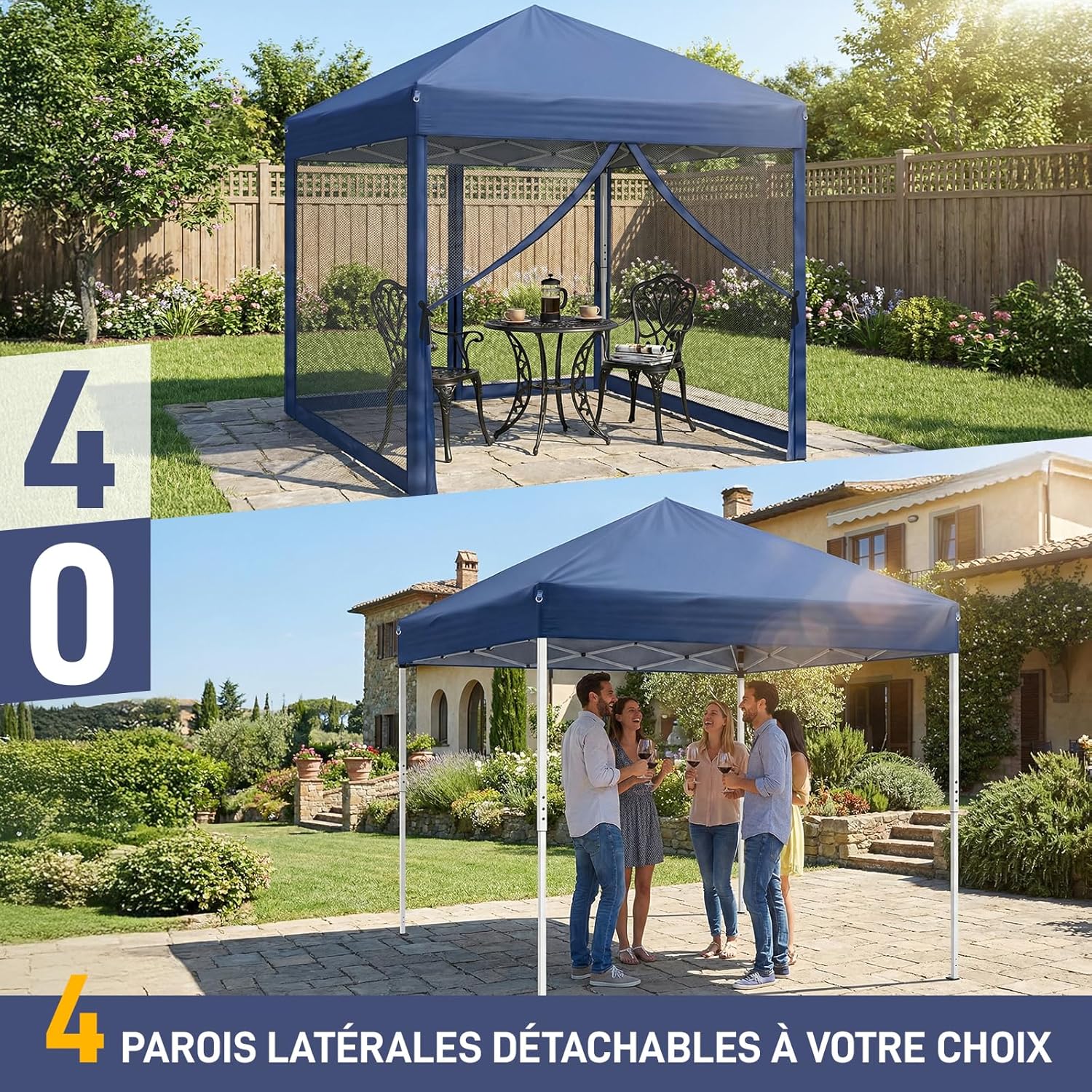 LEADZM - tonnelle pliable série, 3x3m, imperméable, anti-UV, hauteur ajustable, 4 moustiquaires, structure stable, bleu