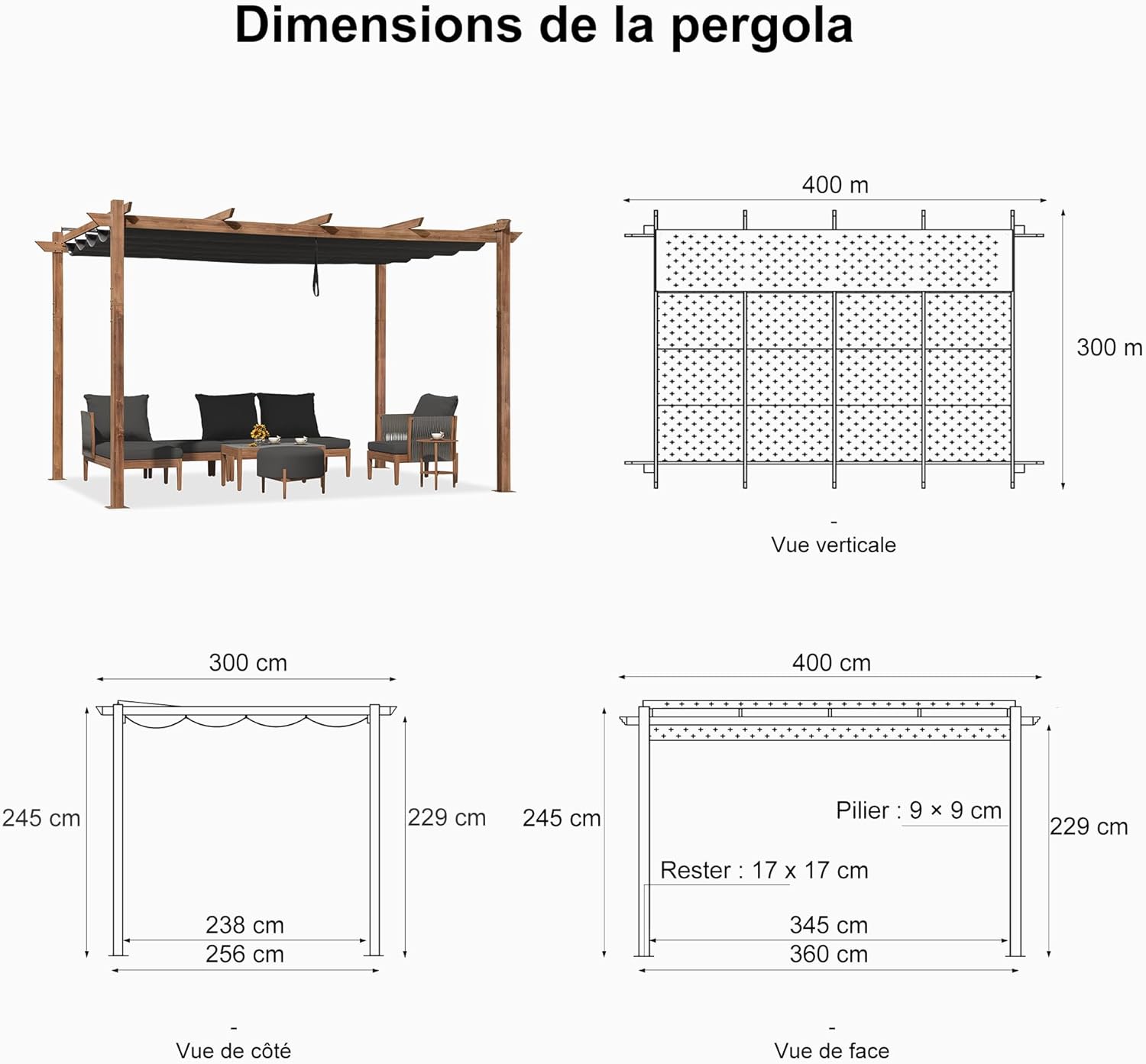 PURPLE LEAF - Pergola aluminium - 4x3m - éclairage intégré, toit rétractable