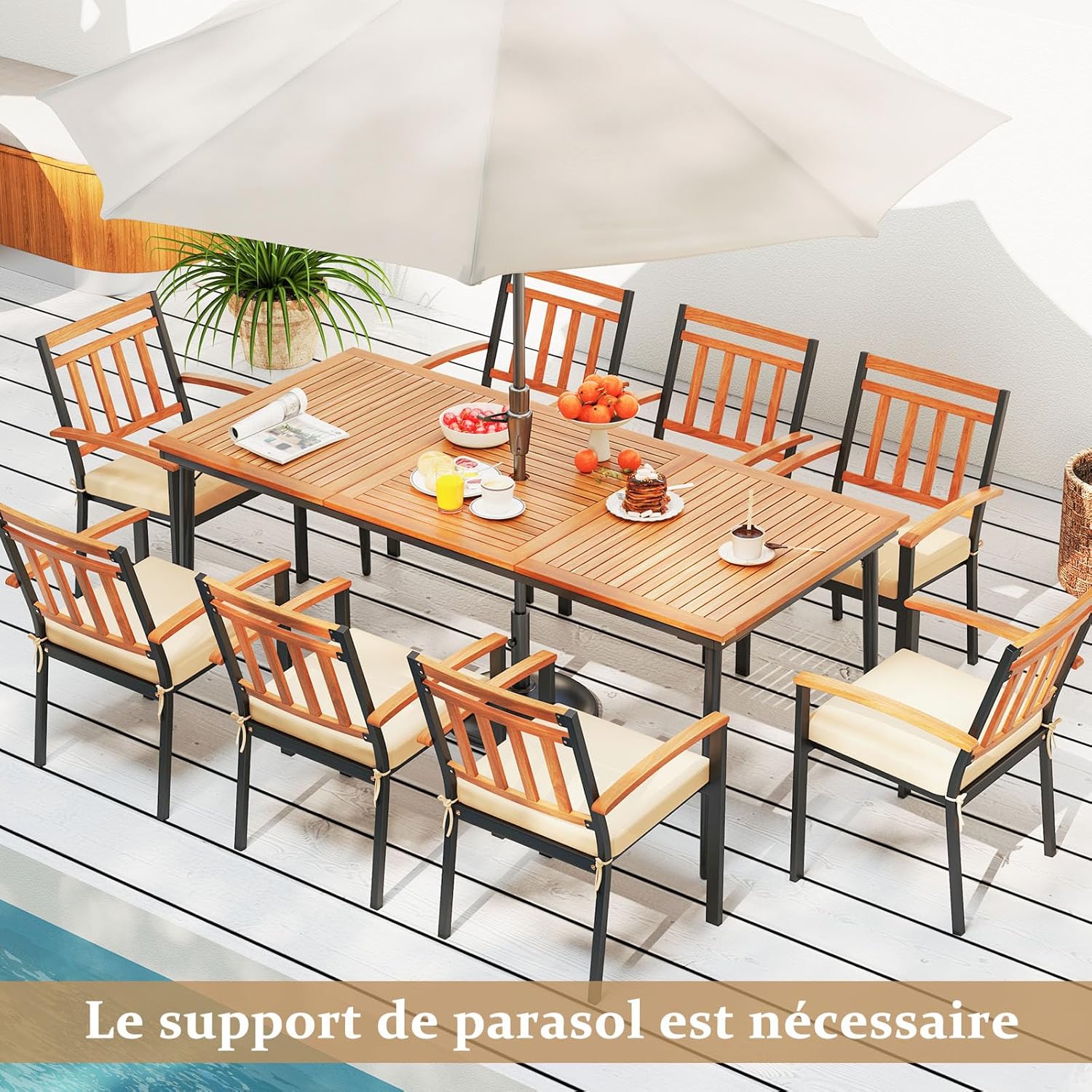 COSTWAY - Table de jardin en bois acacia 200cm, pieds métal, trou parasol