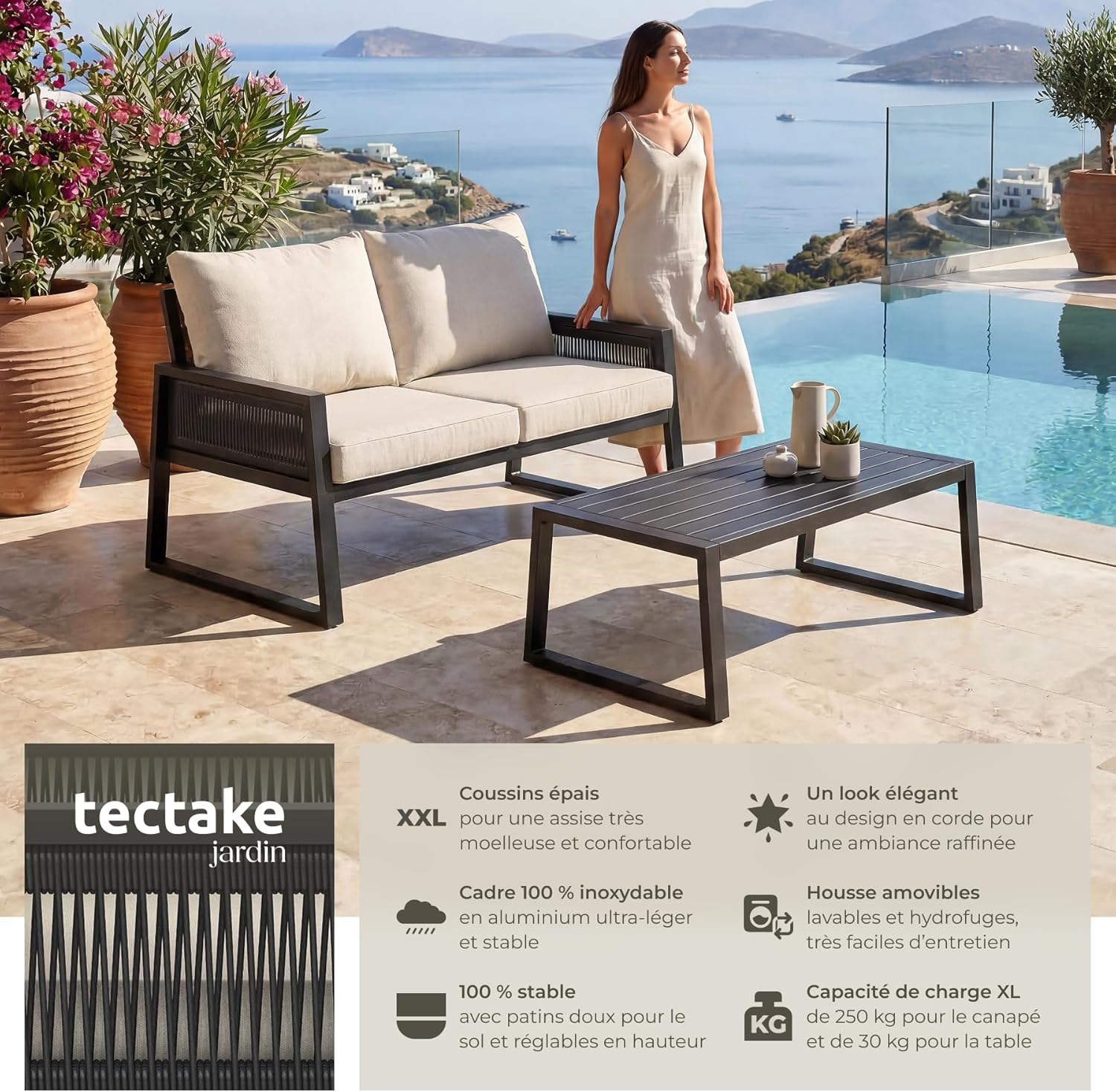 tectake - salon de jardin 2 places, alu époxy, coussins épais, table