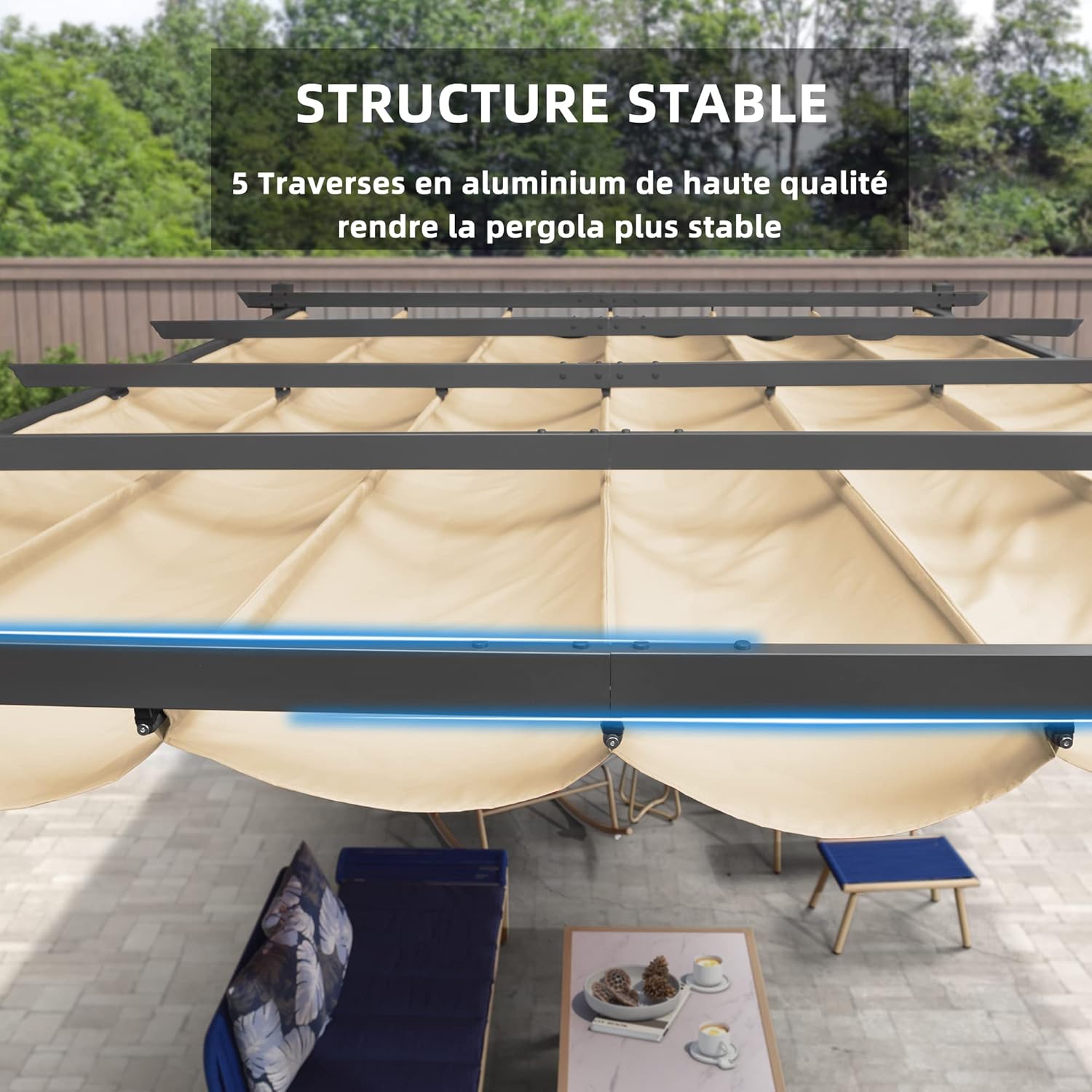 PURPLE LEAF - Pergola aluminium LED, toit rétractable, 4x3m, kaki