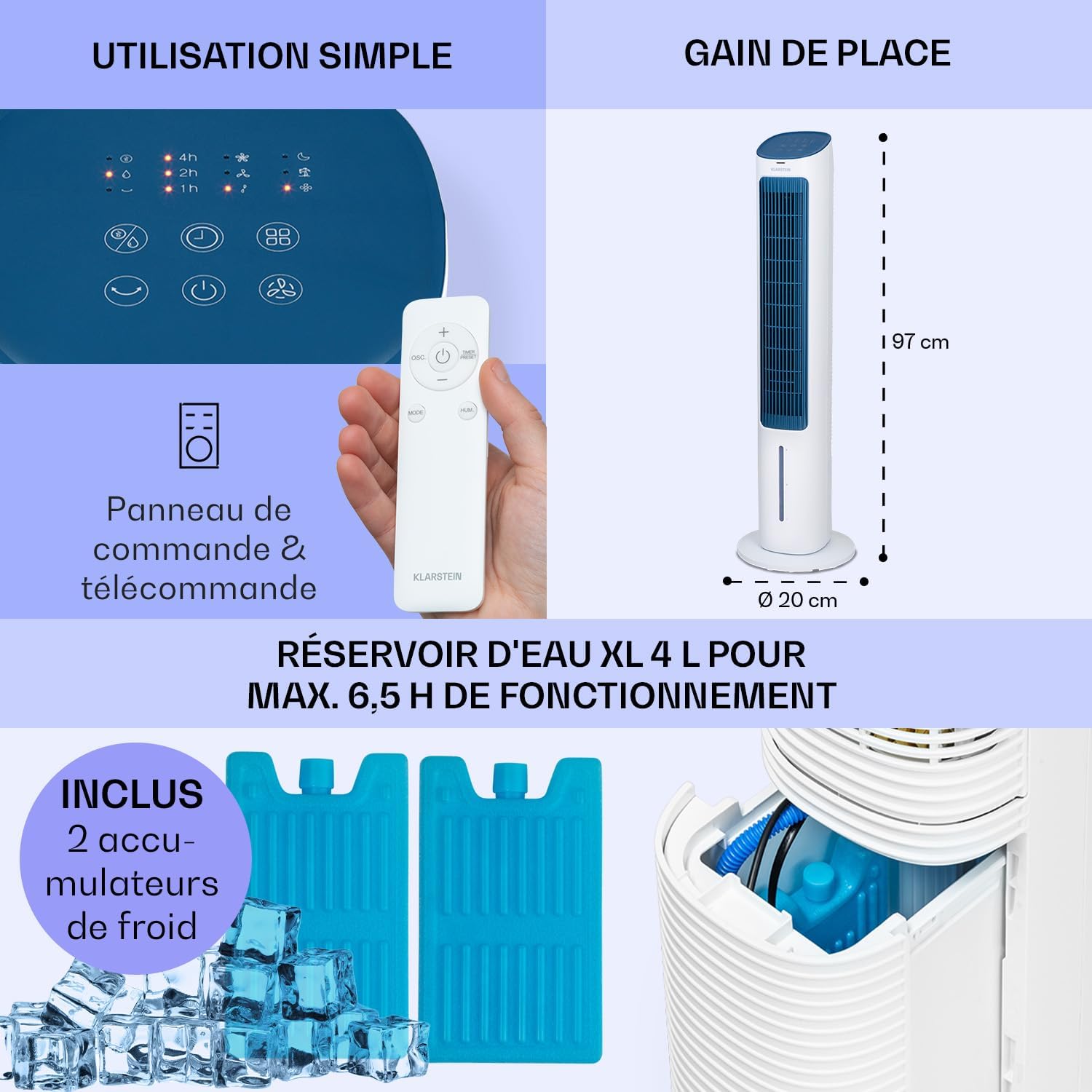 Klarstein Rafraichisseur d'Air Mobile 5-en-1, Ioniseur, Refroidisseur d'Air par Evaporation, Silencieux avec Mode Nuit, Humidificateur, Ventilateur, Purificateur, 50W, Débit d'air de 360m³/h