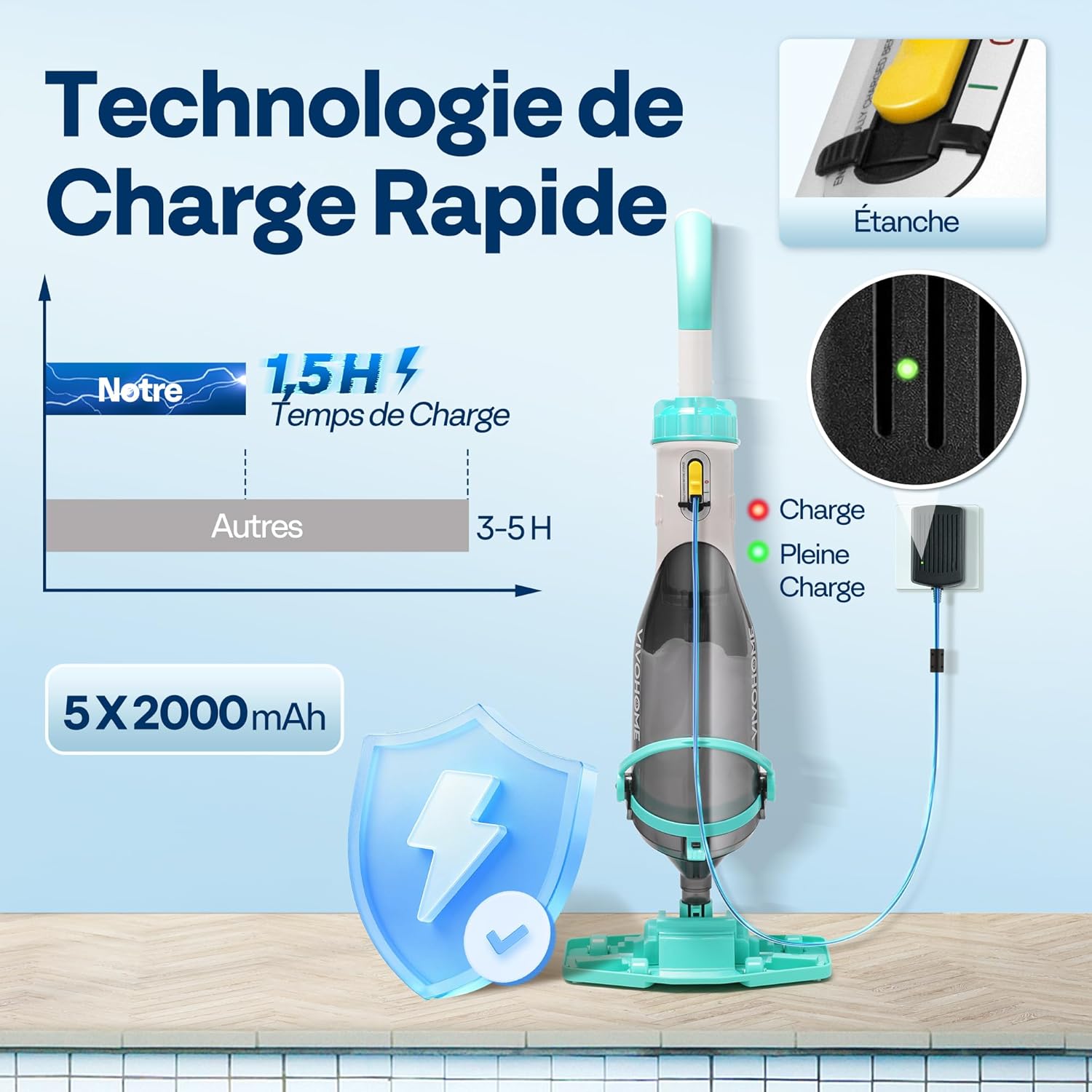 VIVOHOME Aspirateur Piscine sans Fil avec Perche Télescopique 278cm, Nettoyeur de Fond avec Indicateur de Batterie, Débit 4200LPH, Autonomie 60 Minutes pour Piscine Hors-Sol et Enterrée, Spa