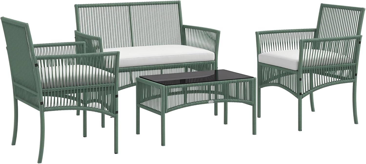 Outsunny - salon de jardin extérieur 4 pcs - métal, résine, coussins, vert, table basse verre