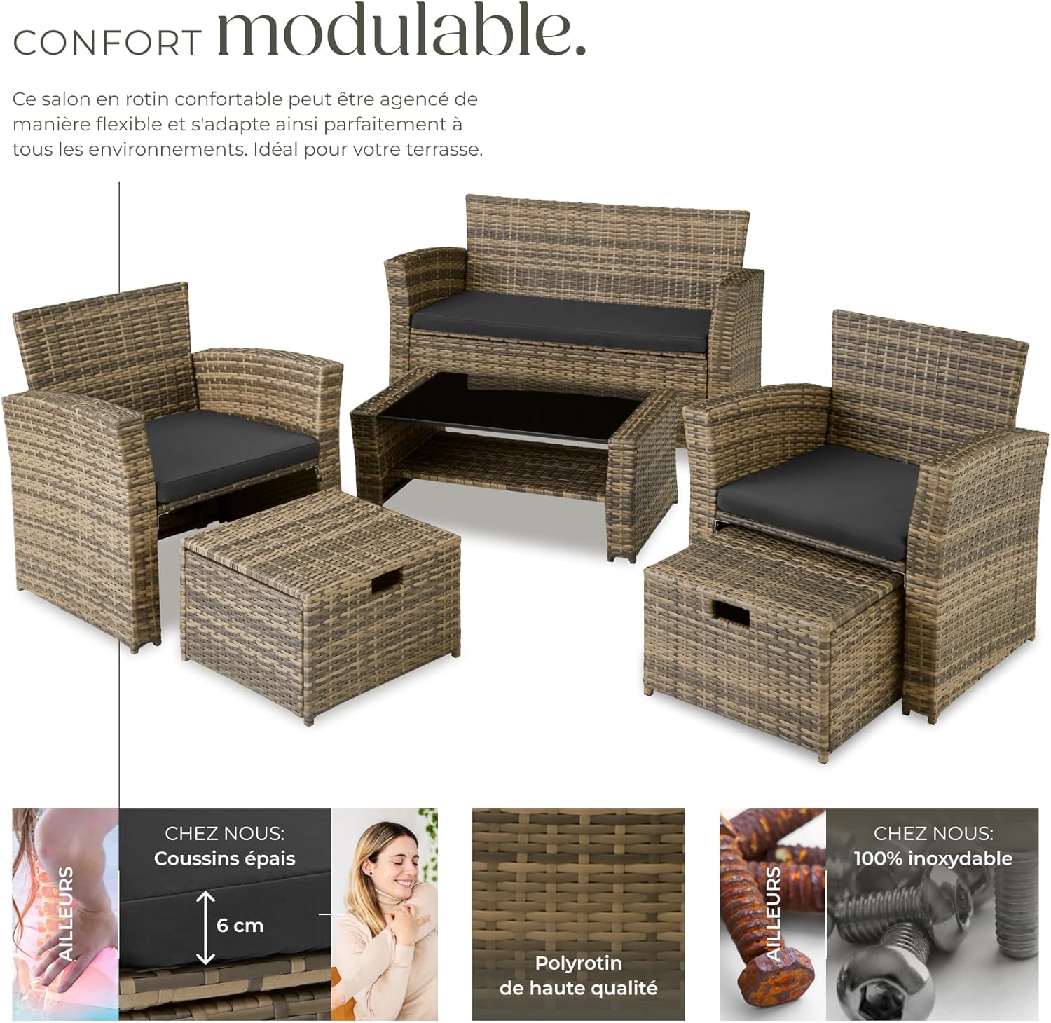 tectake - Ensemble salon de jardin 6 places - poly rotin, coussins épais, table basse, marron naturel